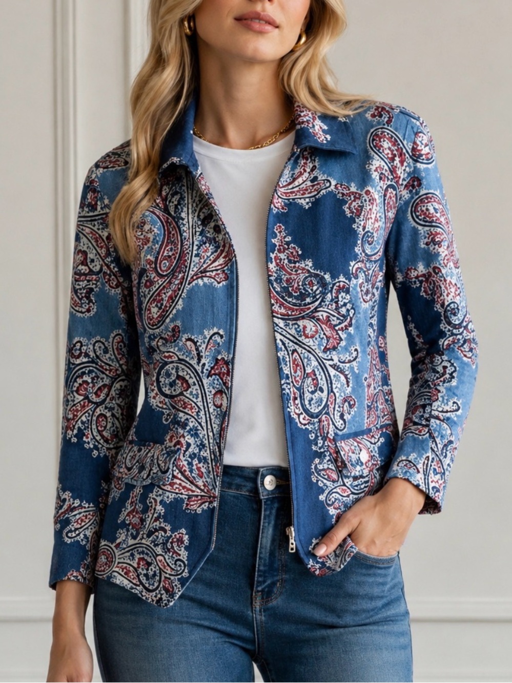 Christopher & Banks Blue Paisley Zip-Front  Jacket